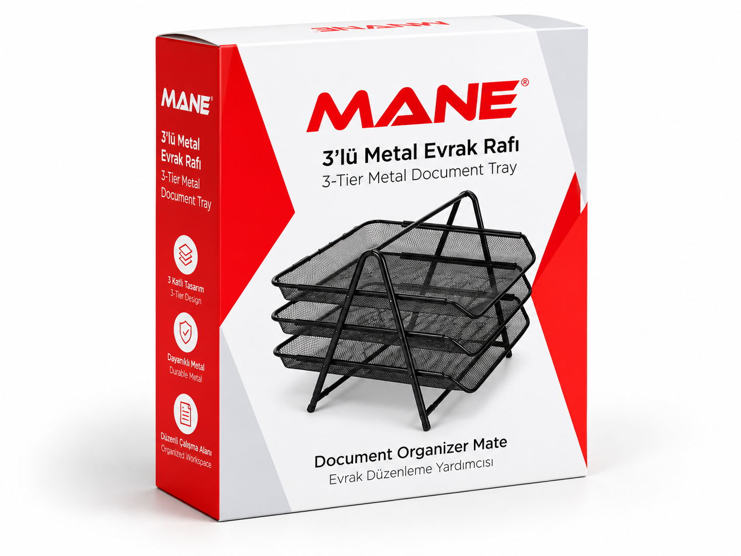 MANE 3 katlı metal evrak rafı ürün ambalajı